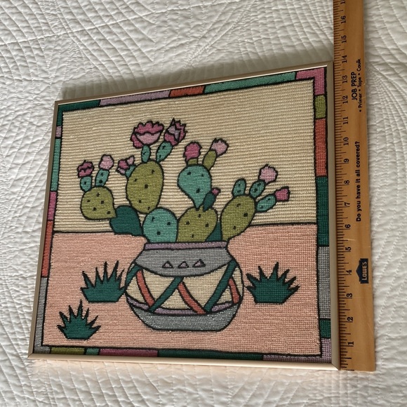 Vintage framed Needlepoint Art cactus bloom desert adobe pot southwestern cacti - Picture 6 of 7